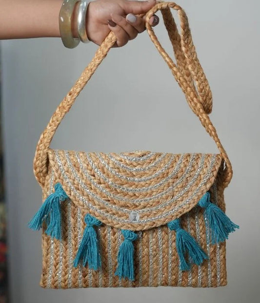 Blue Silver Jute Sling Bag
